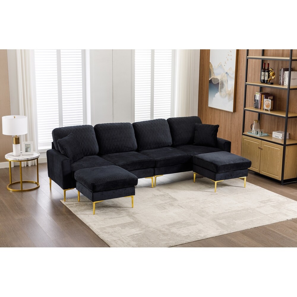 Black Velvet Modular Reversible Sectional Sofa Set w/ 2 Ottomans