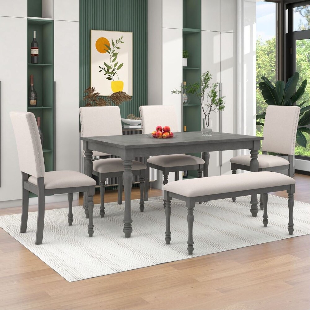 6 Piece Wood Dining Table Set with Turned Legs 4 Upholstered Chairs and Bench