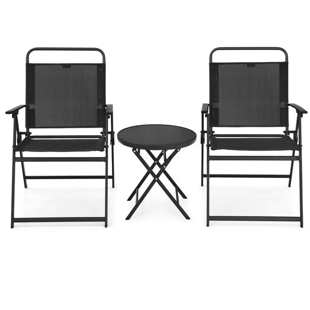 Tangkula 3pcs Patio Bistro Set Outdoor Folding Table amp Chairs Set W tempered Glass Top Black