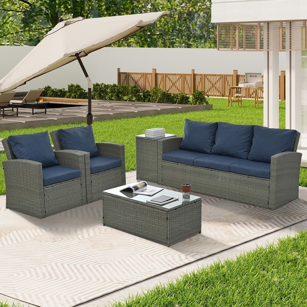 5Piece PE Rattan Wicker Patio Conversation Set With Cushions