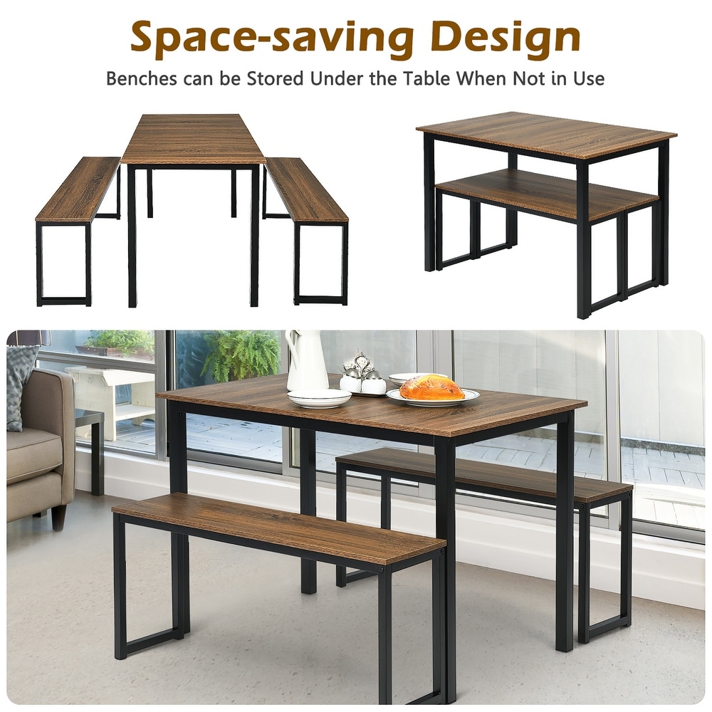 3PCS Modern Dining Table Set with Rectangular Table and 2 Benches