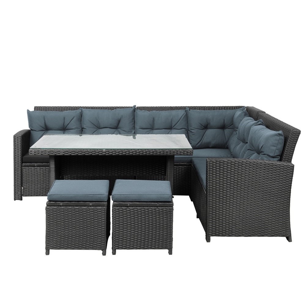 Patio 6 piece Outdoor Sectional Sofa with Glass Table Set