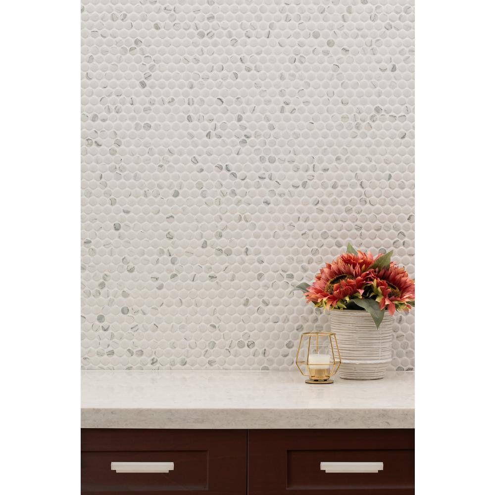 MSI Penny Round Carrara White 11.3 in. x 12.2 in. Matte Porcelain Mesh-Mounted Mosaic Tile (0.96 sq. ft.Each) PT-PENRD-CARM