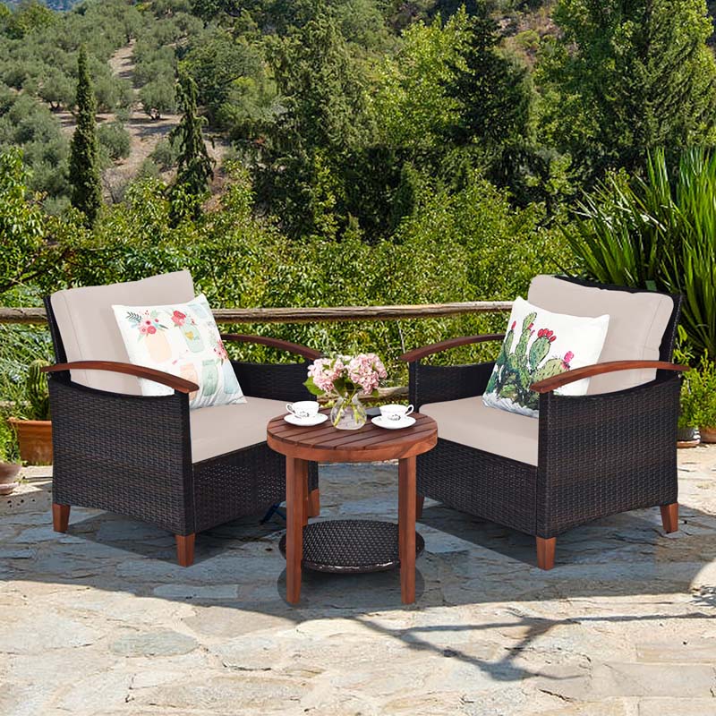 3 Pcs Patio Furniture Set Outdoor Rattan Sofa & Side Table Conversation Bistro Set with Acacia Wood Frame