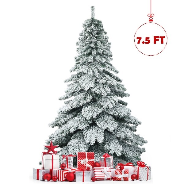 Gymax 7.5ft Artificial Christmas Tree Snow Flocked Hinged Pine Tree w/