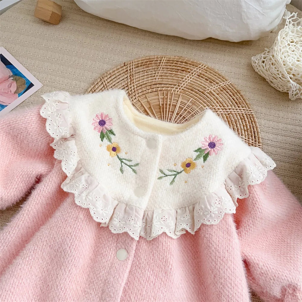 2023 Winter Infant Baby Girls Cute One-pieces Kids Ruched Embroidery Flower Thick Plush Warm Jumpsuits , Newborn Romper 0-24M