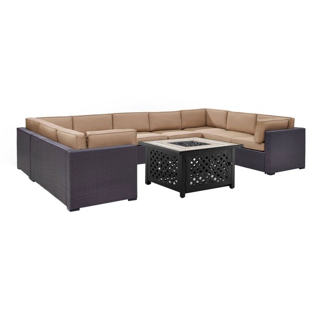 Biscayne 6pc Outdoor Wicker Sectional Set With Fire Table Mocha Crosley