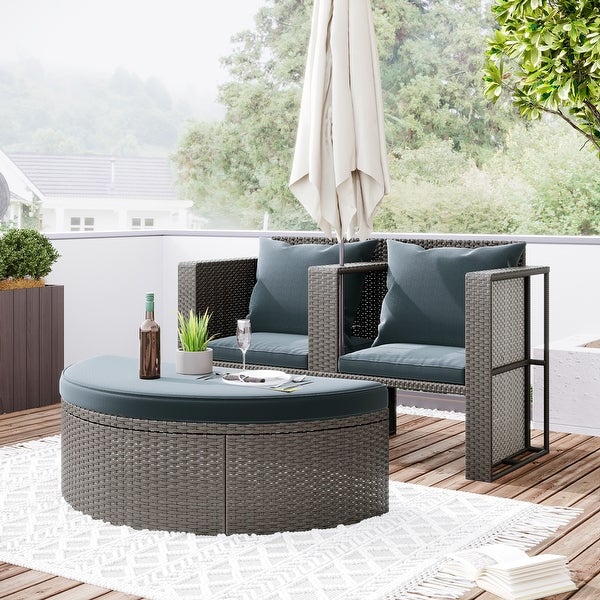 2-Pieces Outdoor Patio Garden Half-Moon Sectional Furniture Set for 2， PE Wicker Cushion Sofa Set with Side Table for Umbrella - Overstock - 37476145