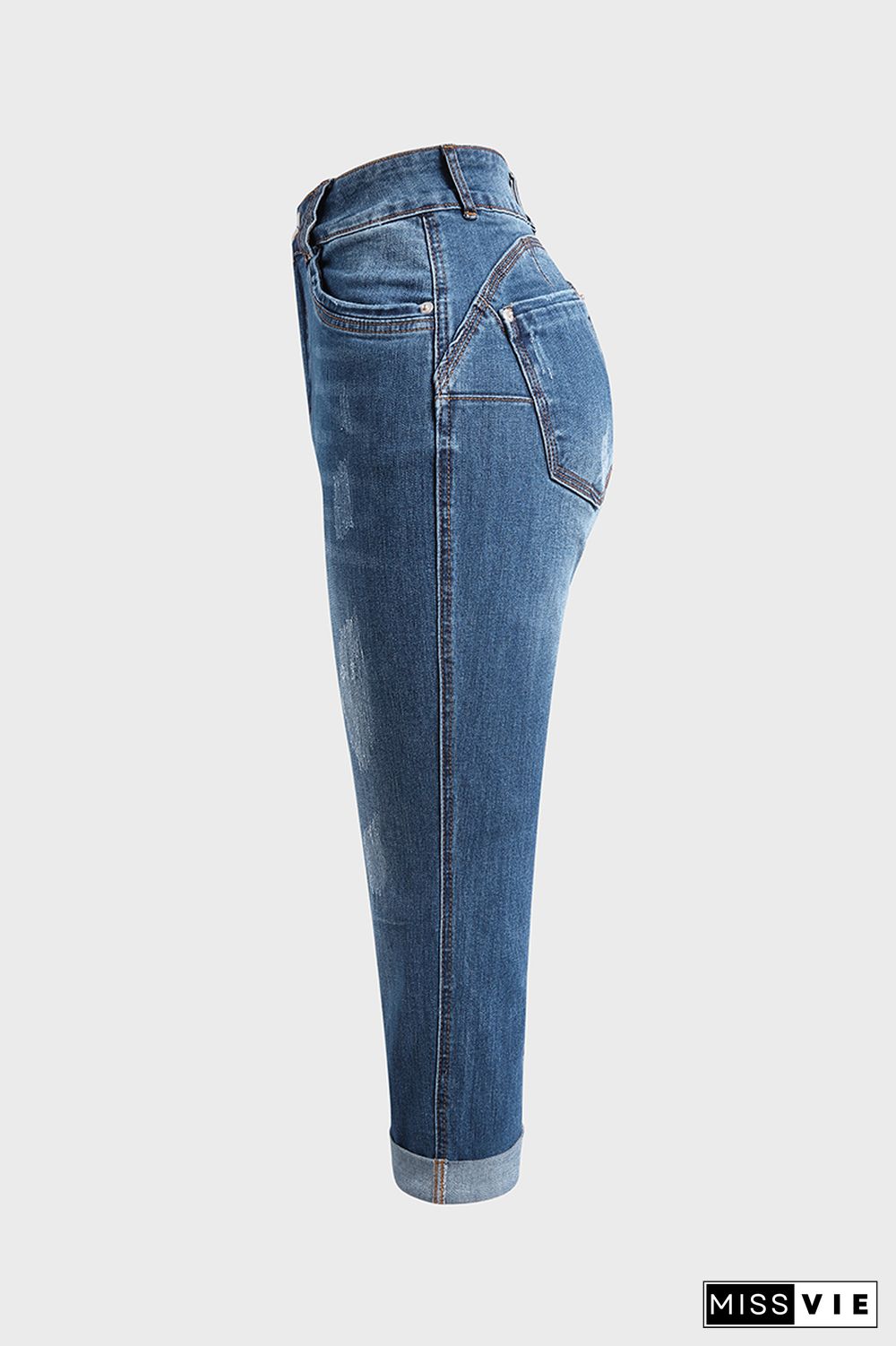 Ripped Roll Up Hem Capris Jeans