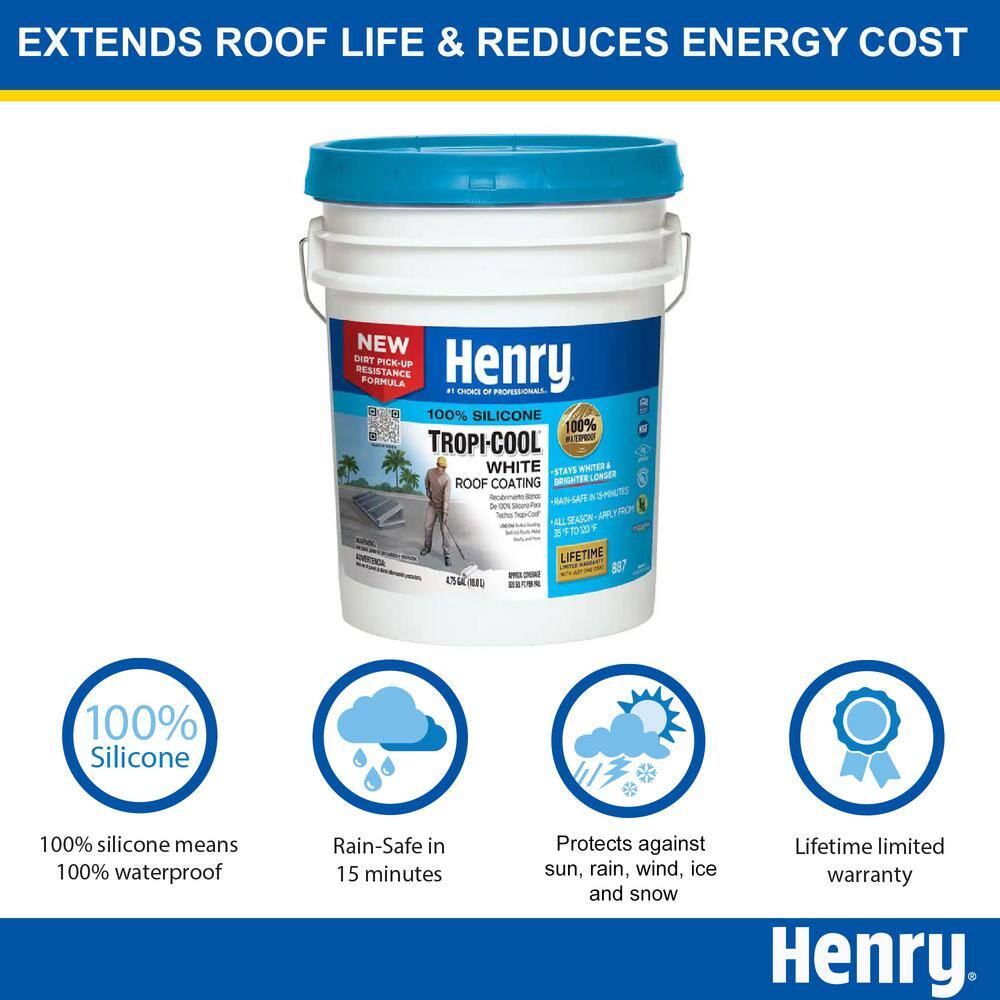 Henry 887 Tropi-Cool 100% Silicone White Roof Coating 4.75 gal. HE887HS018