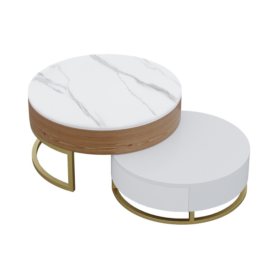 Round Coffee Table White with Storage Lift Top Wood Coffee Table Lifts up with Rotatable Drawers White Natural