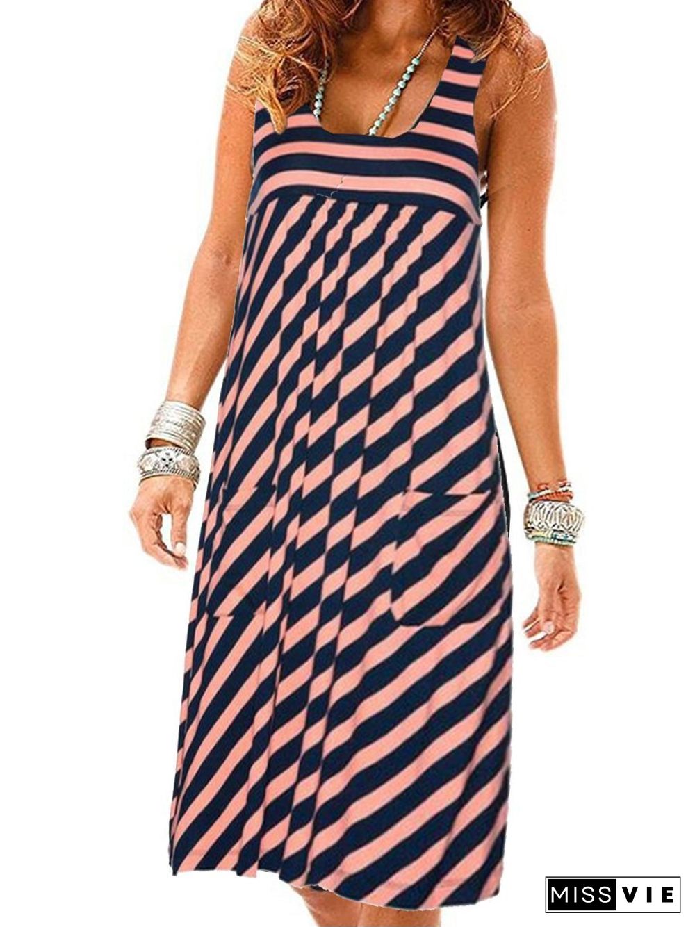 Fashion striped dress large size summer dress  loose simple sleeveless dress women's clothing