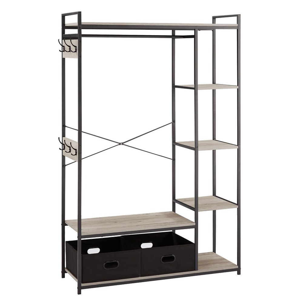 Free Standing Closet Organizer  Portable Garment Rack with Open Shelves and Hanging Rod  Black Metal Frame