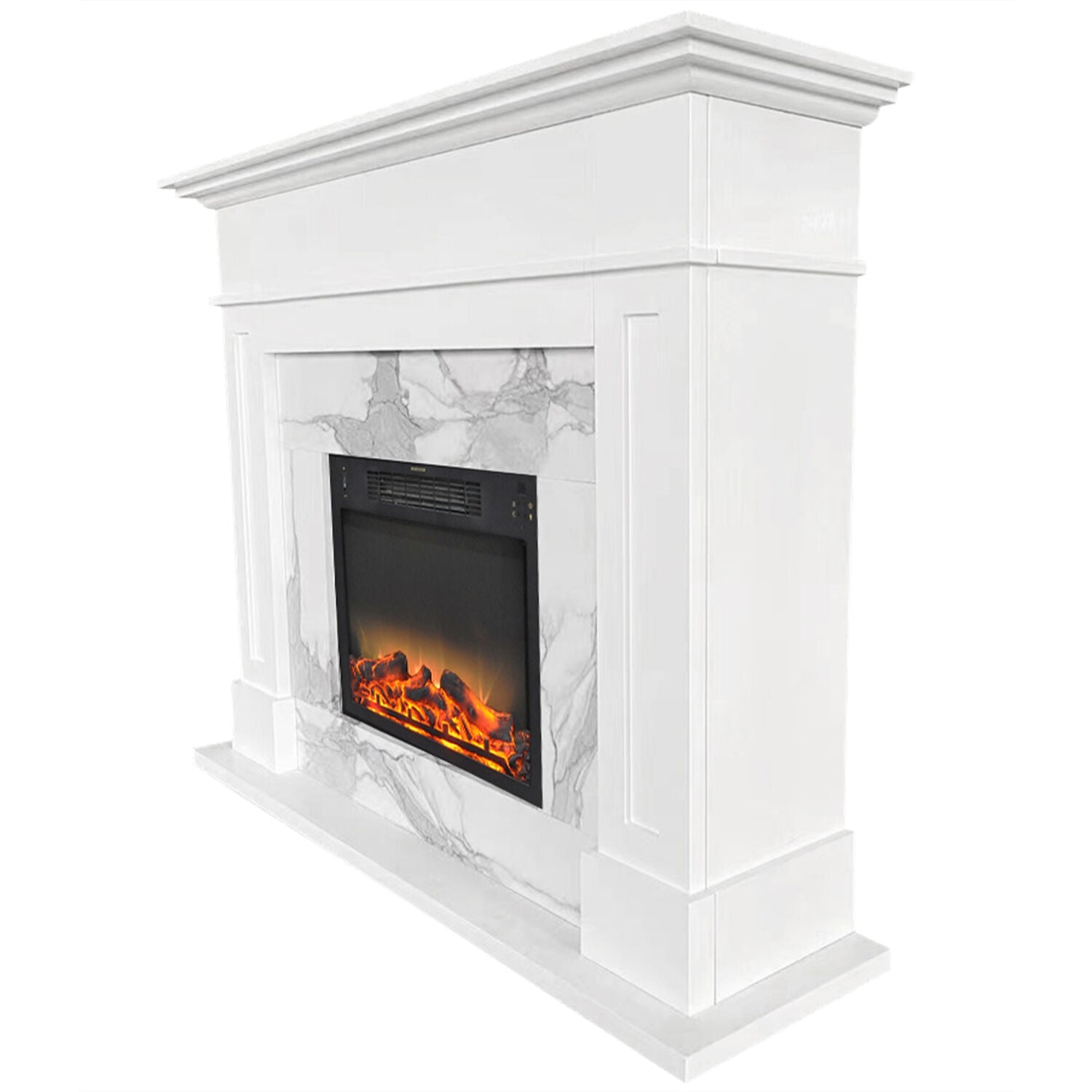 Sofia Cambridge 57-In. Modern Electric Fireplace Mantel with Faux Charred Log Display Insert and Remote Control | White Faux Marble | Heating for Living Room, Dining Room, Bedrooms up to 210 Sq.Ft.