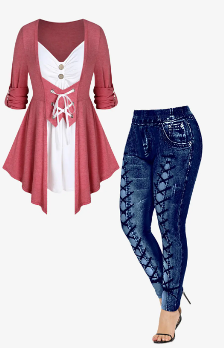 Roll Up Sleeve Lace Up Asymmetric Tee and 3D Printed Leggings Plus Size Outfit