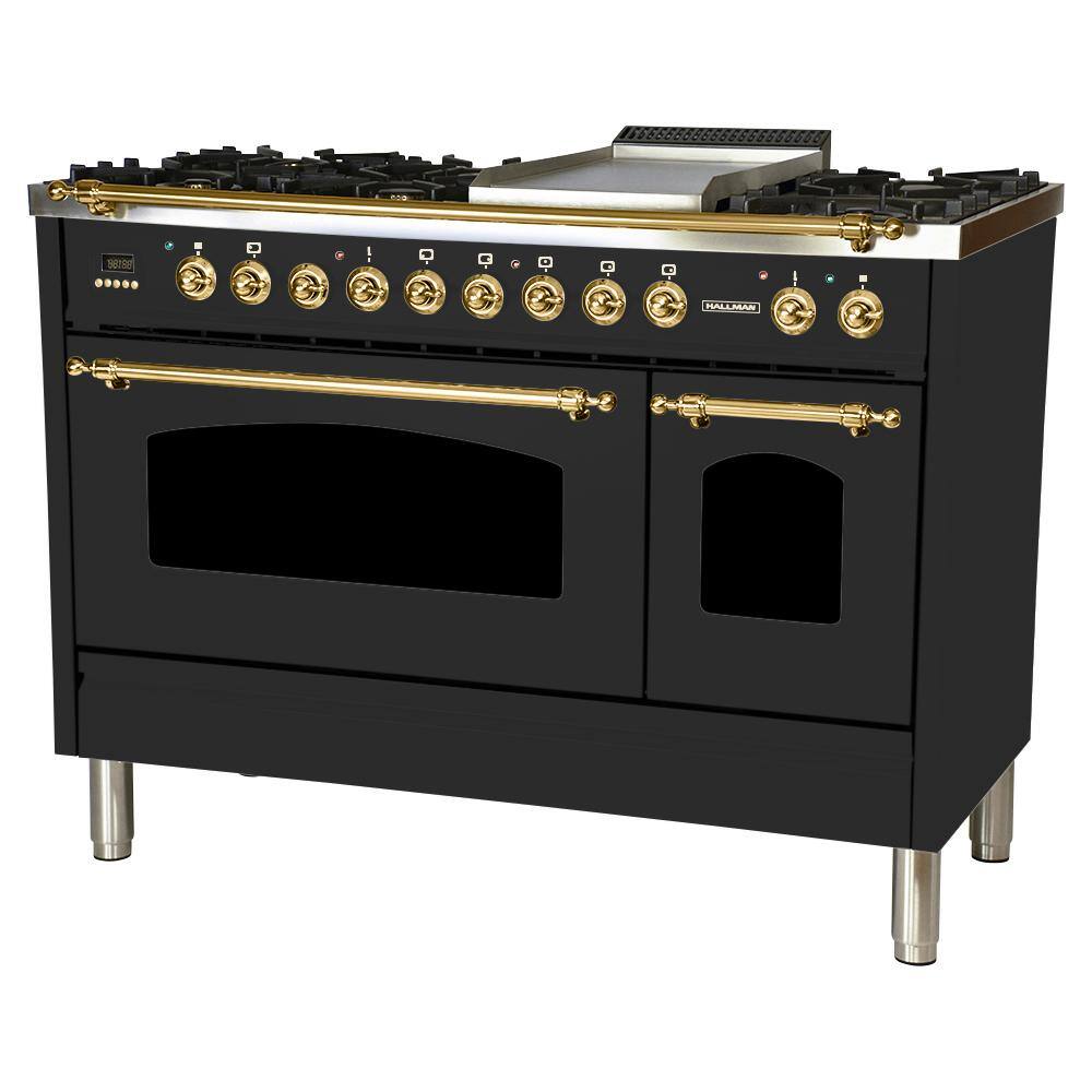 Hallman 48 in. 5.0 cu. ft. Double Oven Dual Fuel Italian Range True Convection 7 BurnersGriddleBrass Trim in Matte Graphite HDFR48BSMG