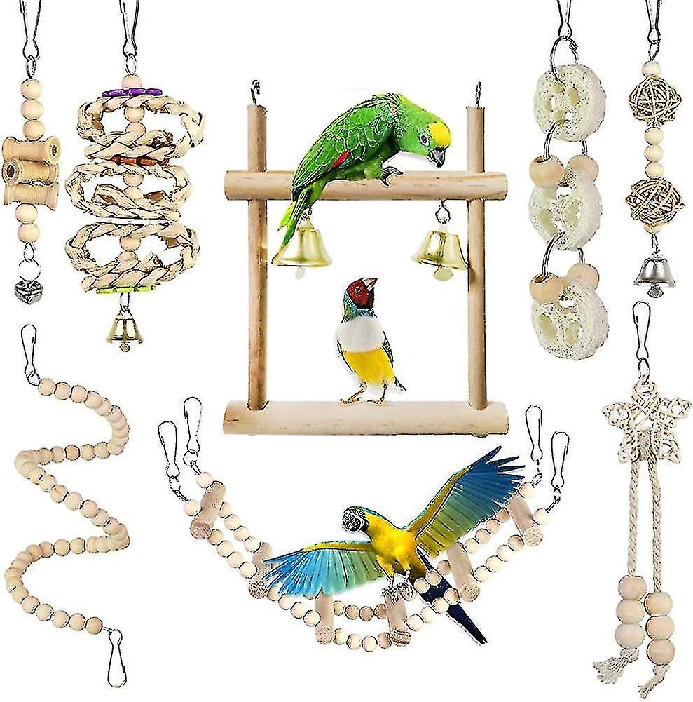 8 Packs Bird Toys Parrots Cage Toys Natural Wood Hanging Swing Shredding Chewing