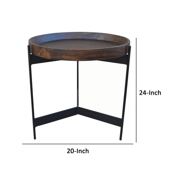 24 Inch Round Side Table， Dark Brown Mango Wood Tray Top， Black Iron Legs