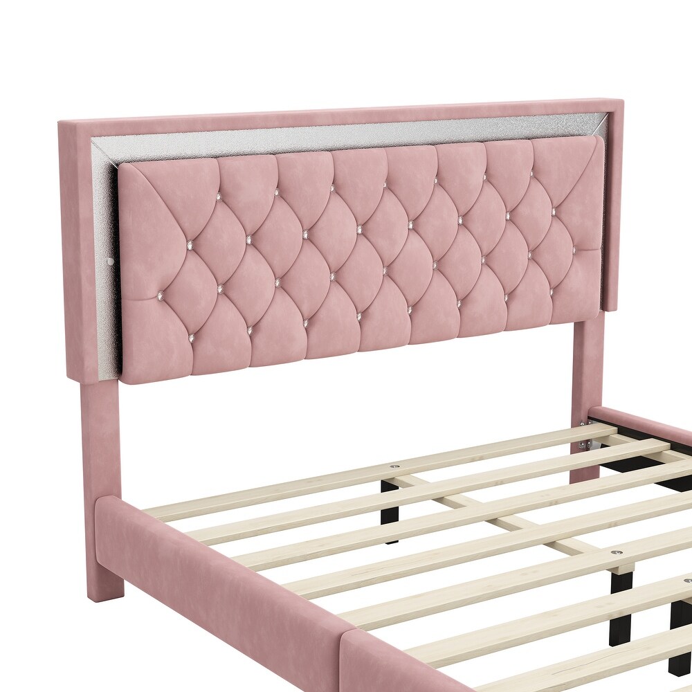 Modern Velvet Queen Size Upholstered Platform Bed Frame with LED Lights and Crystal Tufted Headboard