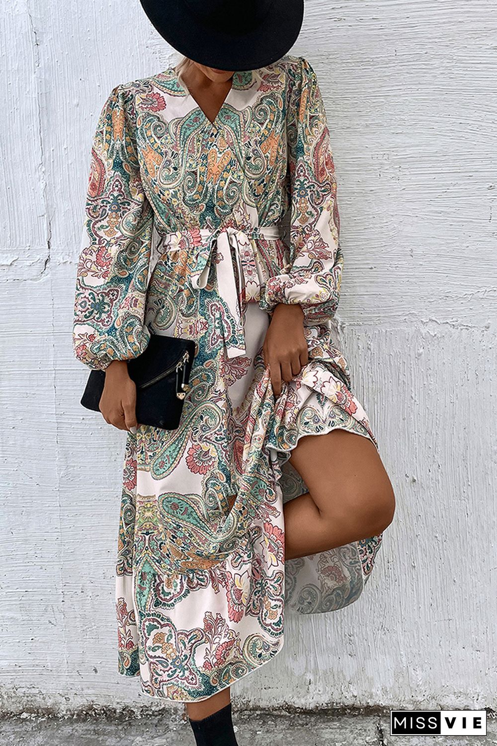 Vintage Ethnic Print Long Puff Sleeve Ruffle Dress