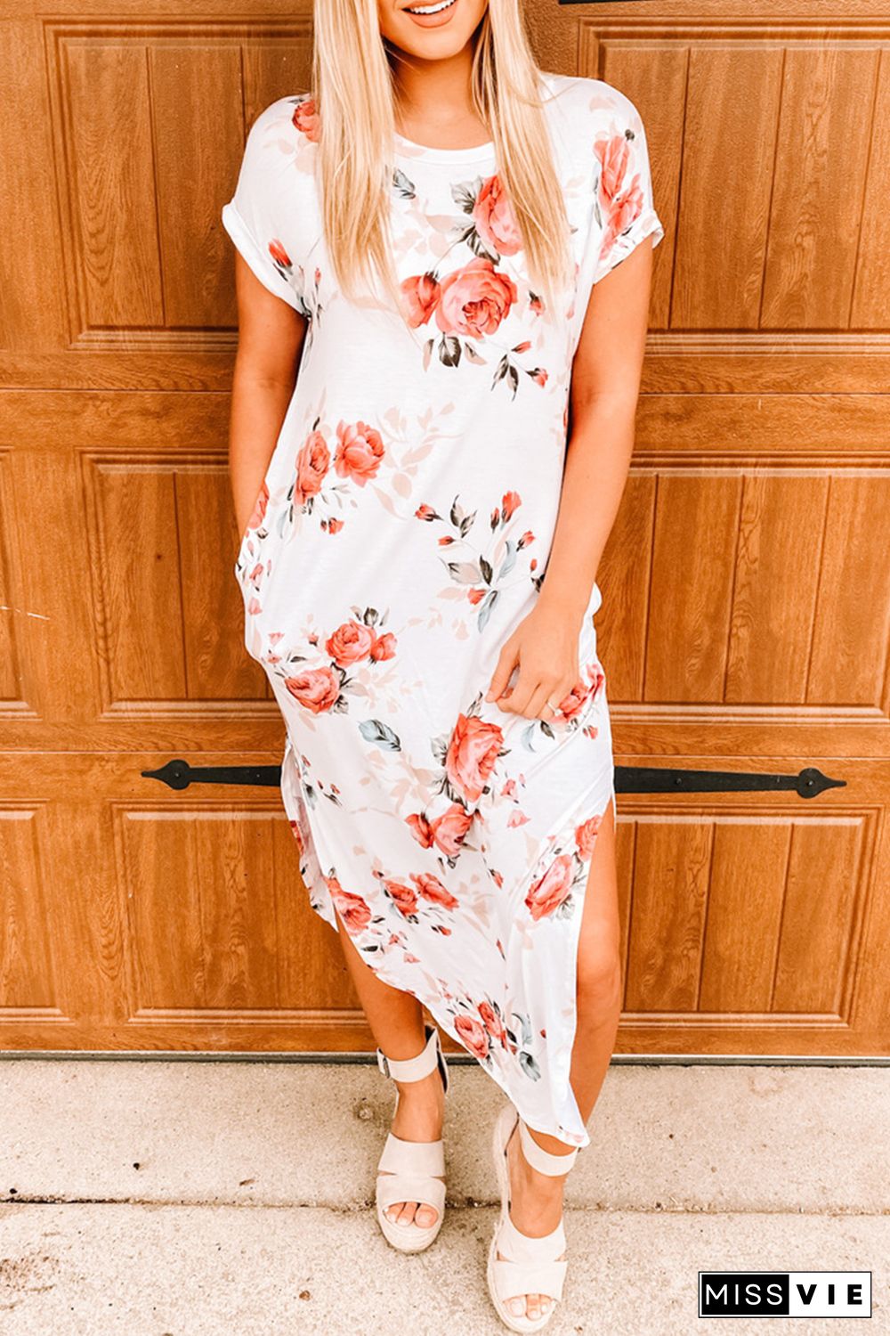 White Floral Print Side Slits T Shirt Dress