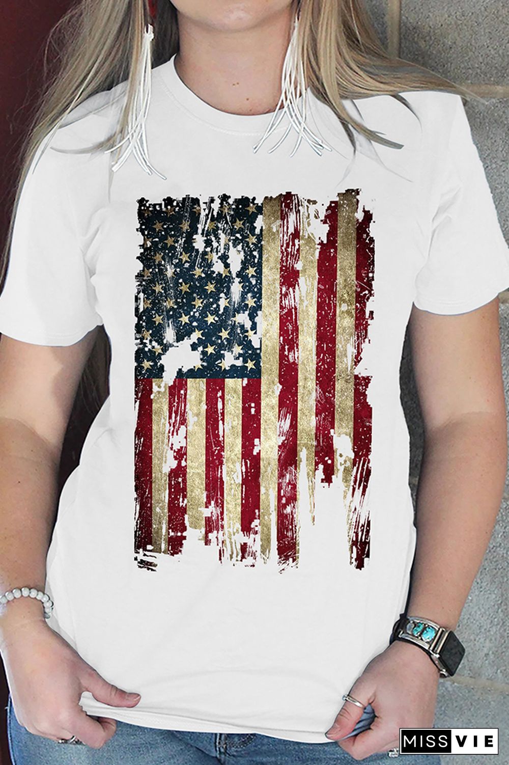 America Flag Print Graphic Tees for Women Wholesale Short Sleeve T shirts Top