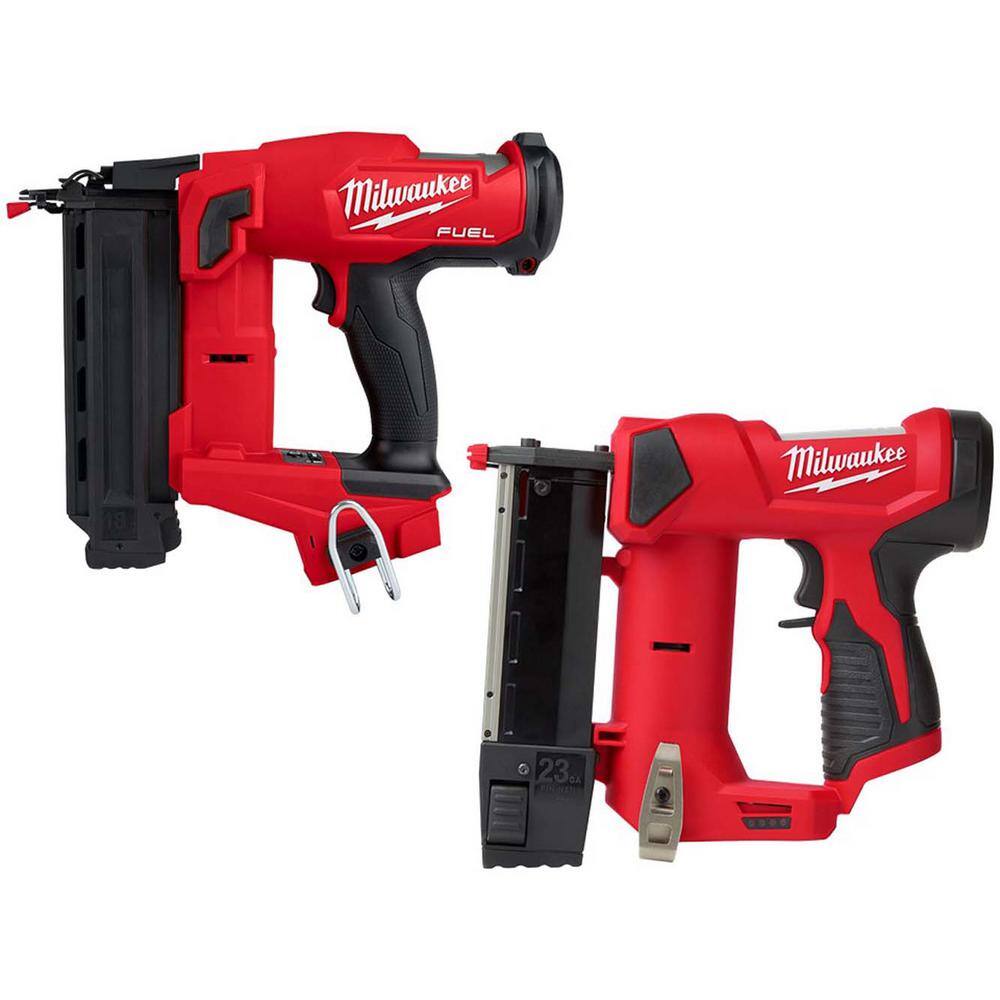 MW M18 FUEL 18-Volt Lithium-Ion Brushless Cordless Gen II 18-Gauge Brad Nailer wM12 23-Gauge Cordless Pin Nailer 2746-20-2540-20