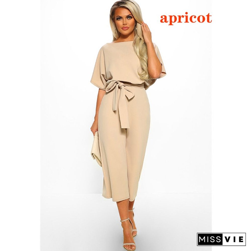 Women Casual Wide Leg Solid Color Business Wear Short Sleeve Jumpsuit