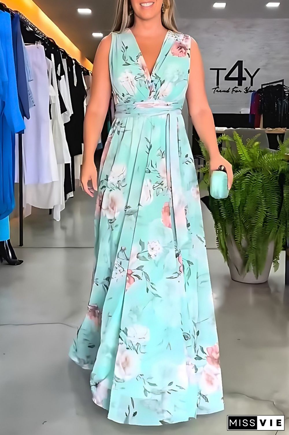 Light Blue Casual Print Patchwork Slit V Neck Long Dress Dresses