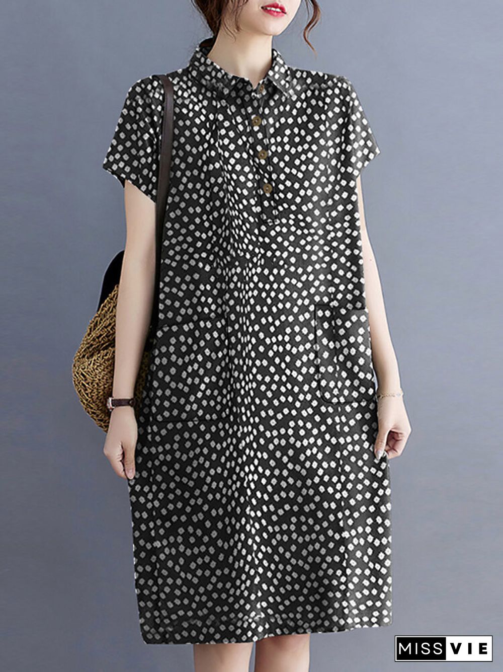 Calico Button Pocket Lapel Short Sleeve Casual Midi Print Dress