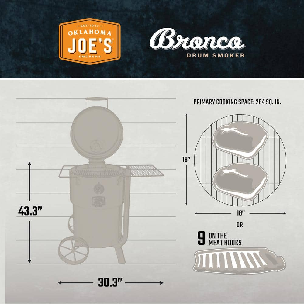 OKLAHOMA JOE'S Bronco Charcoal Drum Smoker Grill in Black with 284 sq. in. Cooking Space 19202089