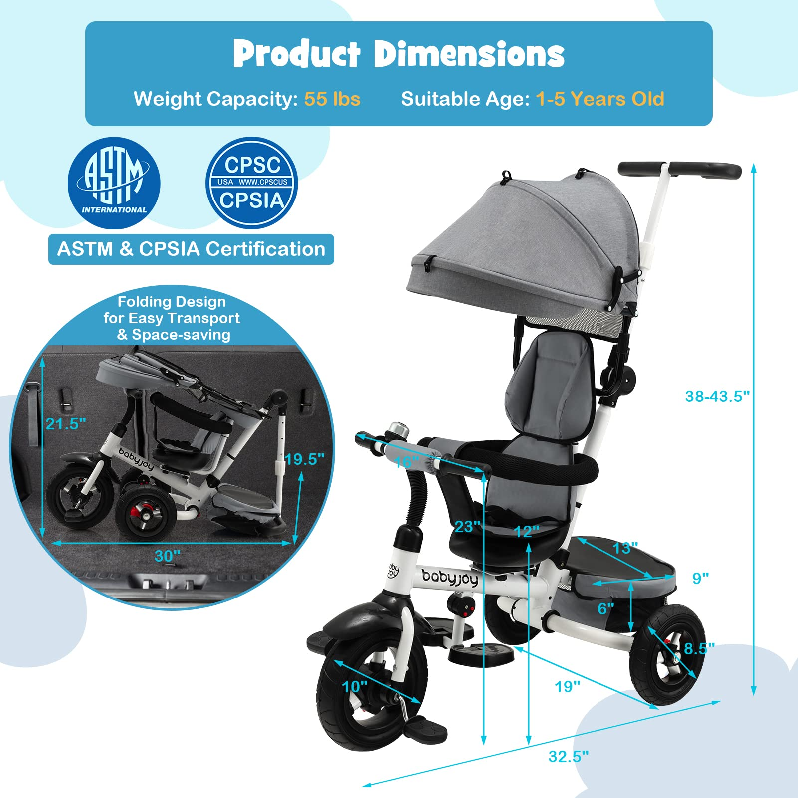 Costzon Tricycle, 4 in 1 Toddler Bike w/ Removable Push Handle, Bell, Reversible Seat, EVA Wheel