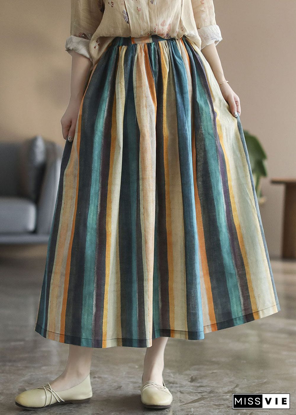 Chic Color stripe Striped Linen a line skirts Spring