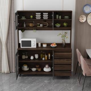 FUFUGAGA 63 in. L Brown Wood Buffet Sideboard Pantry Cabinet with 4-Drawers Hooks Open Shelves Doors for Kitchen Dining Room KF210128-023