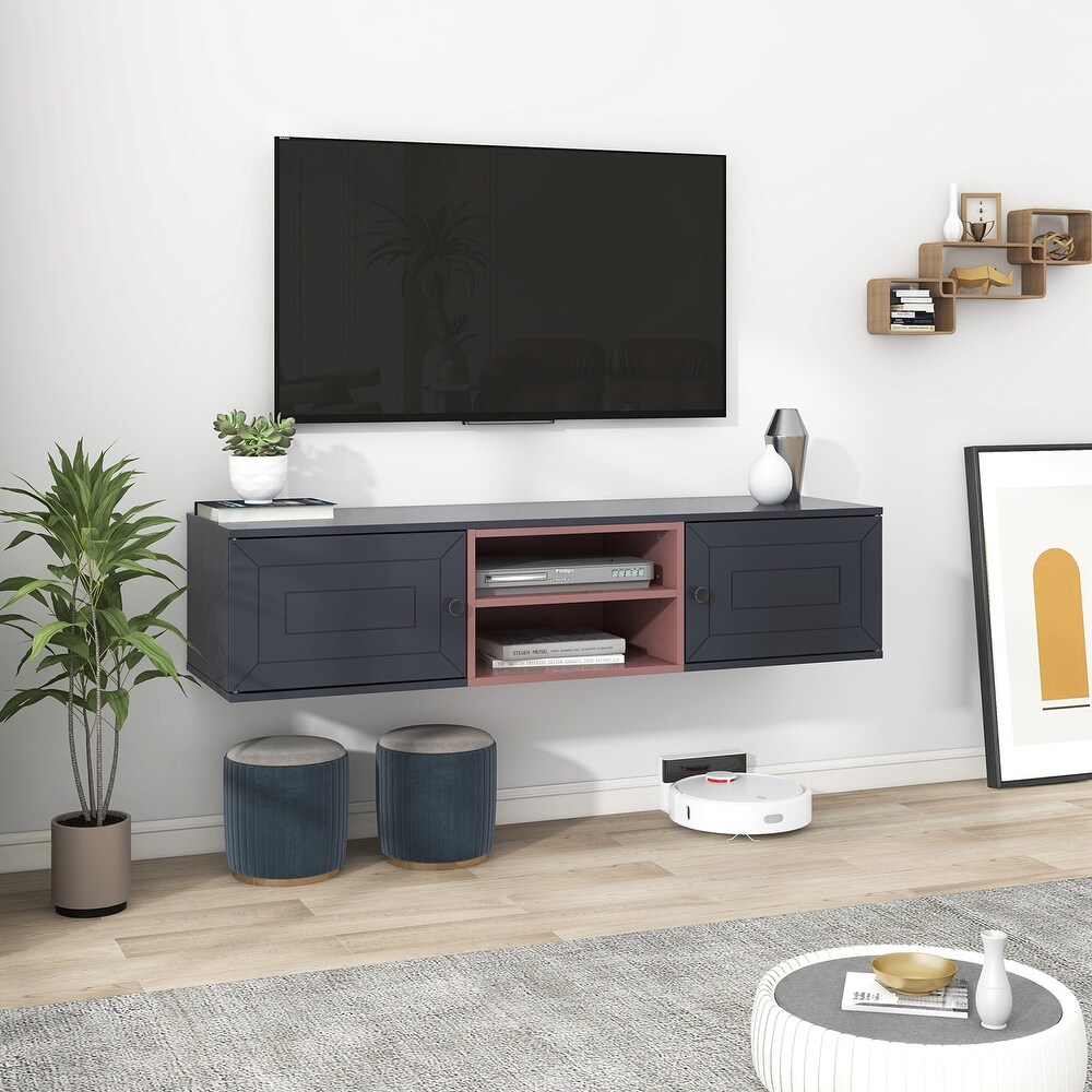 Wall Mounted Floating TV Stand with Large Storage Space and 3 Shelves