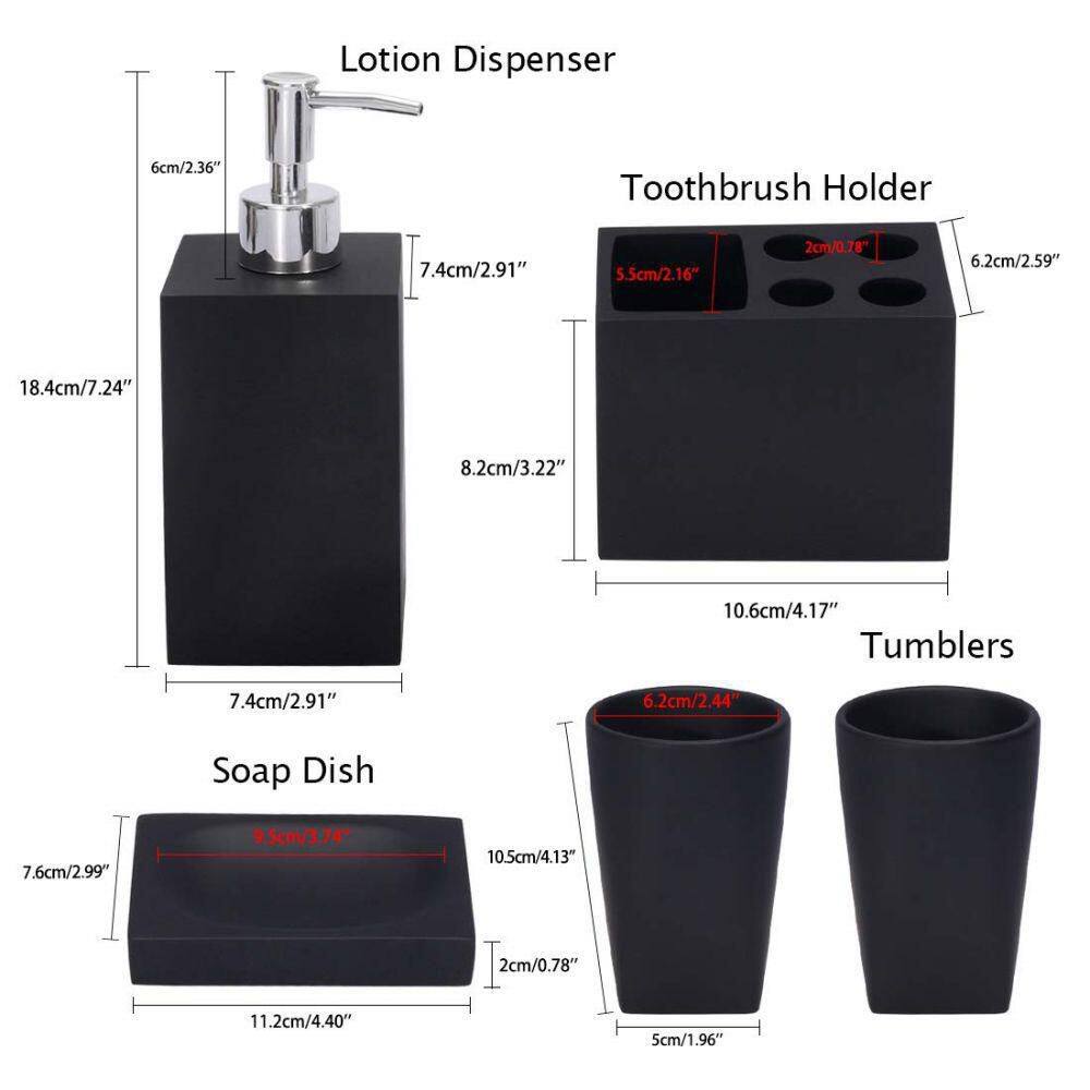 Dracelo 5-Piece Bathroom Accessory Set with Dispenser Pump Toothbrush Holder 2 Tumblers Dish in Black B07VXVBDS1