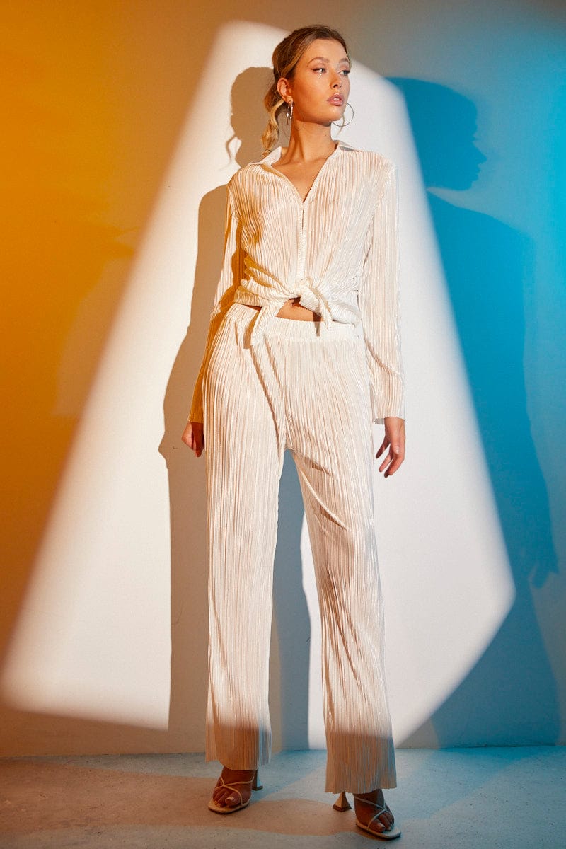 White Plisse Pant Wide Leg