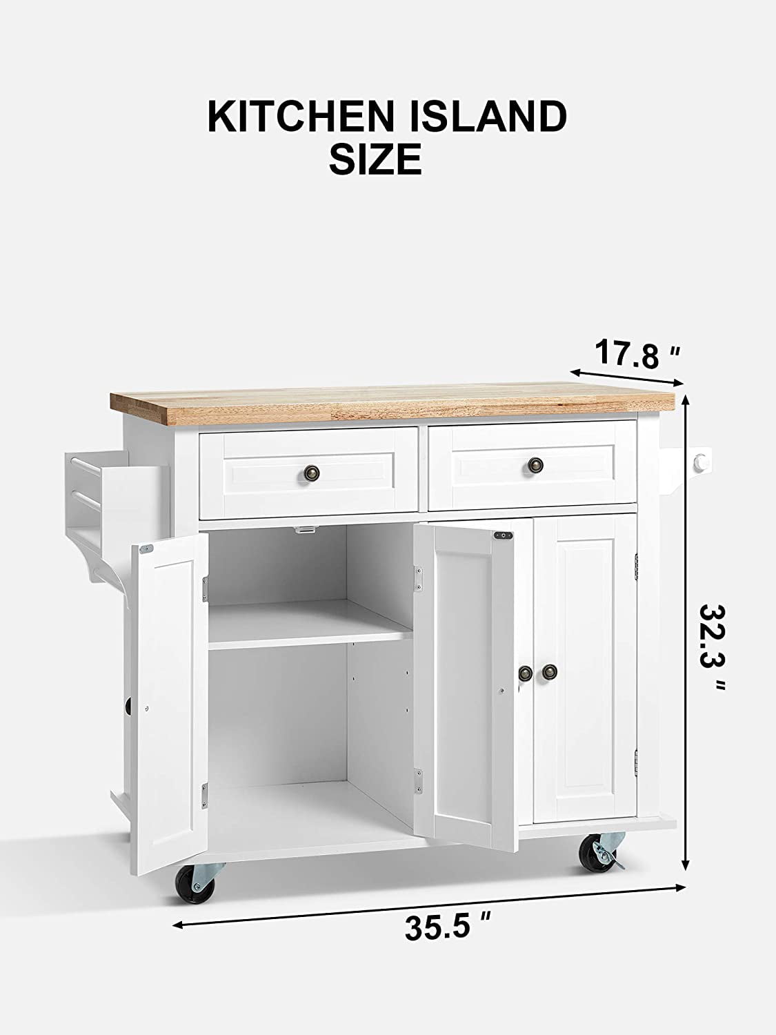 Homfa Kitchen Island Cart on Wheels， Rolling Bar Cart with Storage Cabinet， Rubber Wood Countertop， Lockable Casters， White