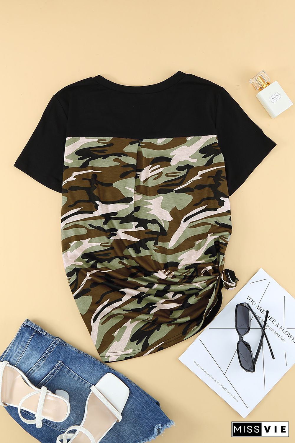 Black Women's Casual Camo Printed Splicing Pullover Pocket T-shirt