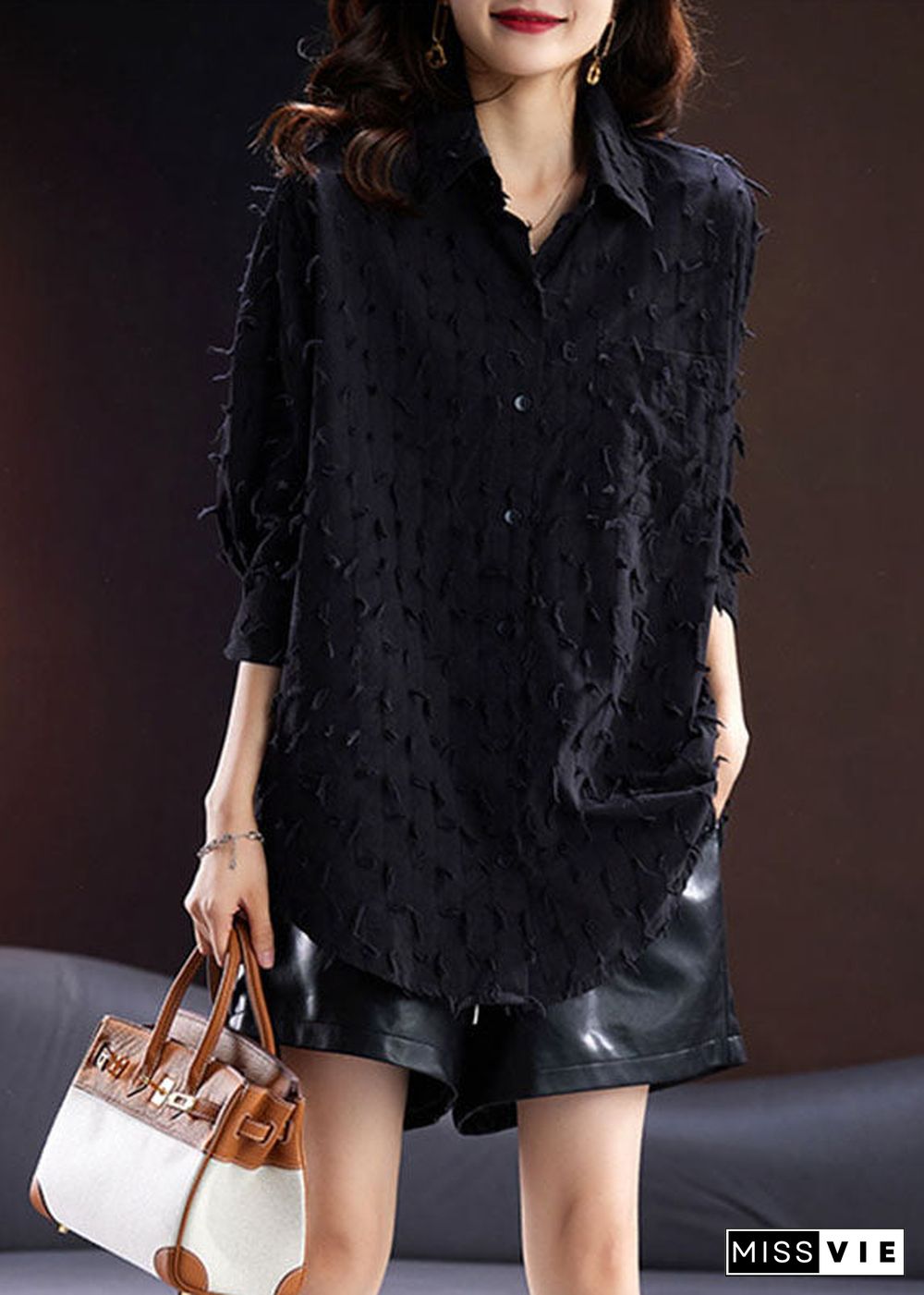 Jacquard Black Tassel Side Open Button Shirt Long Sleeve