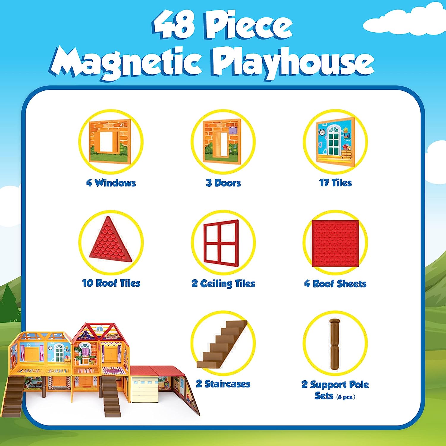 Playmags Magnetic Tiles Building Set， Dollhouse Pretend Play Toy， Creativity and Educational Magnet Blocks Stem Toys， Imaginative Birthday Gift for Kids Ages 3+