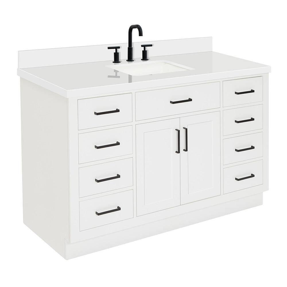 ARIEL Hepburn 55 in. W x 22 in. D x 36 in. H Bath Vanity in White with White Pure Quartz Vanity Top with White Basin T055SWQRVOWHT