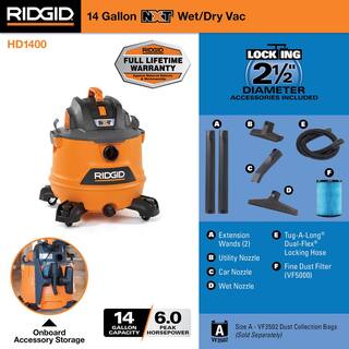 RIDGID 14 Gallon 6.0 Peak HP NXT WetDry Shop Vacuum with Fine Dust Filter Locking Hose and Accessories HD1400