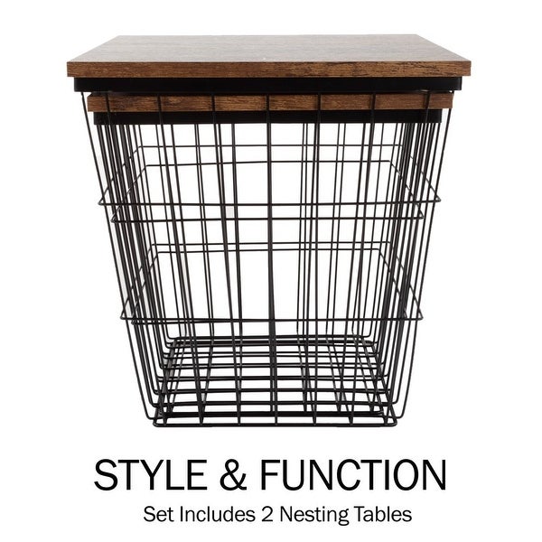 Set of 3 Living Room Tables - Metal Basket Storage with Removable Lids - 2 Small Side and 1 Large Accent Table (Brown/Black)