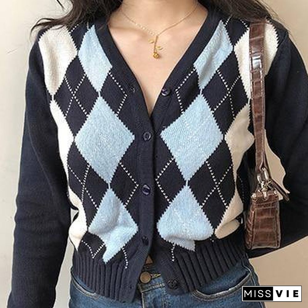 Vintage V-Neck Plaid Long Sleeve Women Sweater Autumn Winter Short Knitted Cardigan Sweaters Womes England Style Tops