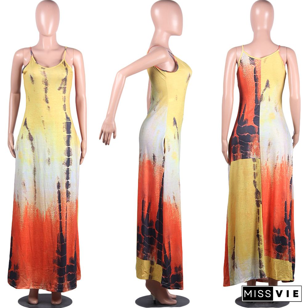 Loose Straps With Tie-Dye Prints With Pocket Maxi Dress