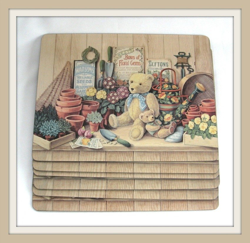 Set of 6 Hardboard Placemats Lap Trays Teddy Bears Planters Water Can Gardening Supplies