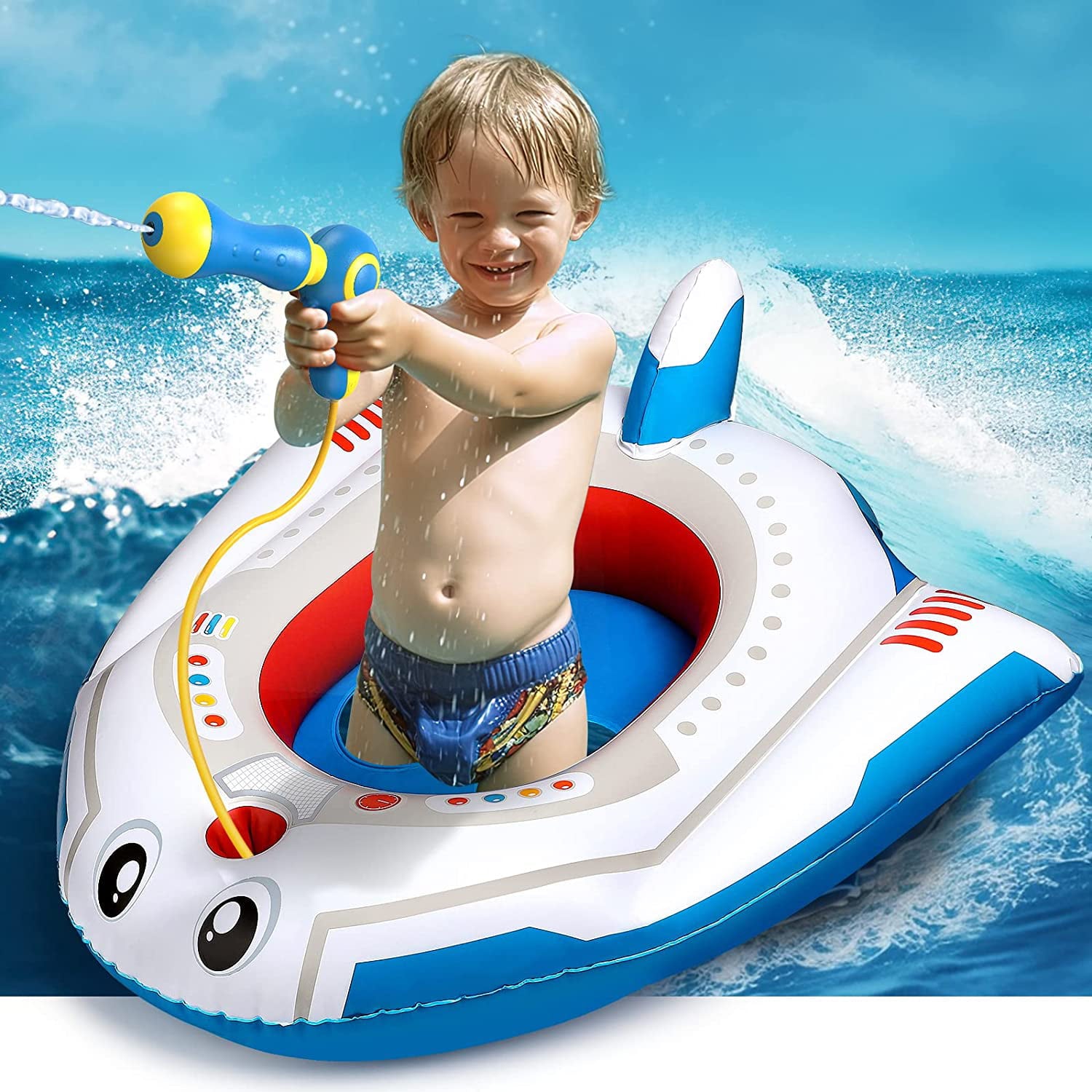 Aufitker Pool Float Kids with Water Gun, Inflatable Ride-on Airplane Pool Floats for Boys and Girls for Aged 3-12 Years