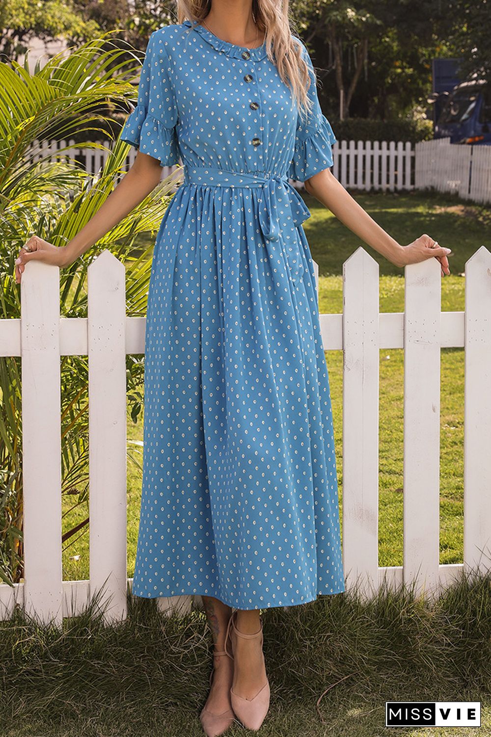 Ruffle Sleeves Polka Dot Buttoned Long Dress