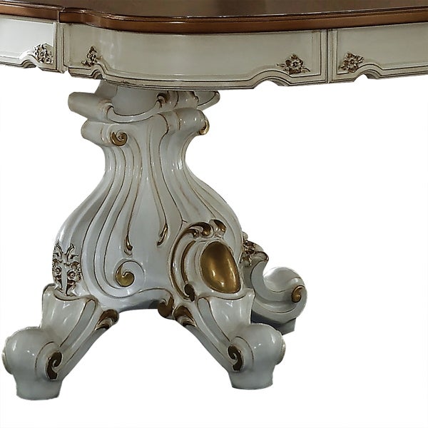 Wooden Top Dining Table with Double Pedestal Feet， Antique Pearl and Cherry Oak